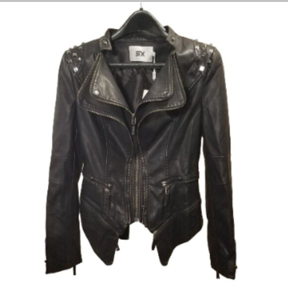SX Jackets & Blazers - SX Womens Motorcycle Jacket Size XS Black Studded Faux Leather Full Zip Pockets